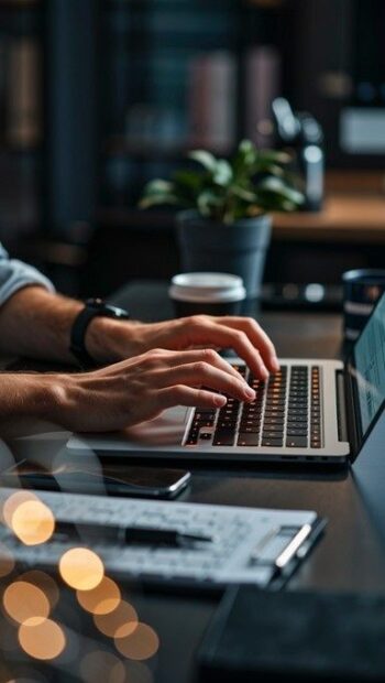 Hände arbeiten konzentriert an einem Laptop an einem ruhigen Schreibtisch